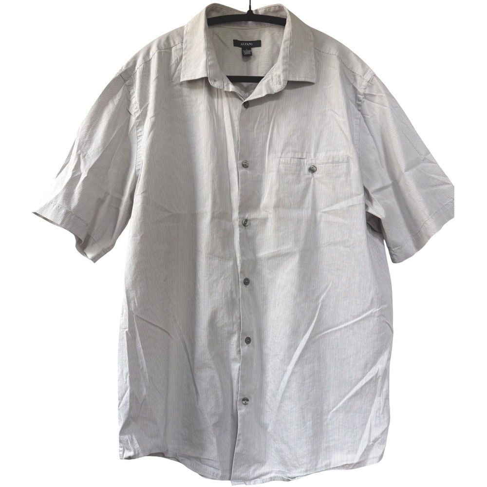Alfani Mens Short Sleeve Button Down Shirt Grey White‎ Micro Stripe Large L